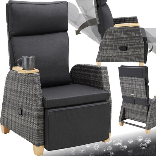 tectake® - Wicker buitenfauteuil - Stoel met hoge rugleuning - Voetsteun en verstelbare rugleuning - Relaxstoel met ligfunctie - Loungemeubel voor tuin - Ligstoel - Leesstoel - Incl. ruimte voor beker/glas