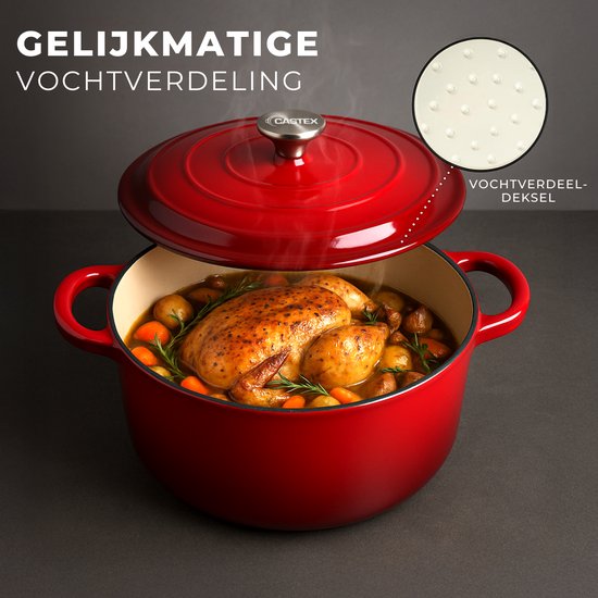 Castex Elegance Royal Gietijzeren Braadpan met Deksel 28 cm - 6,4L - Inductie Pan - Braadpannen Gietijzer – Rood