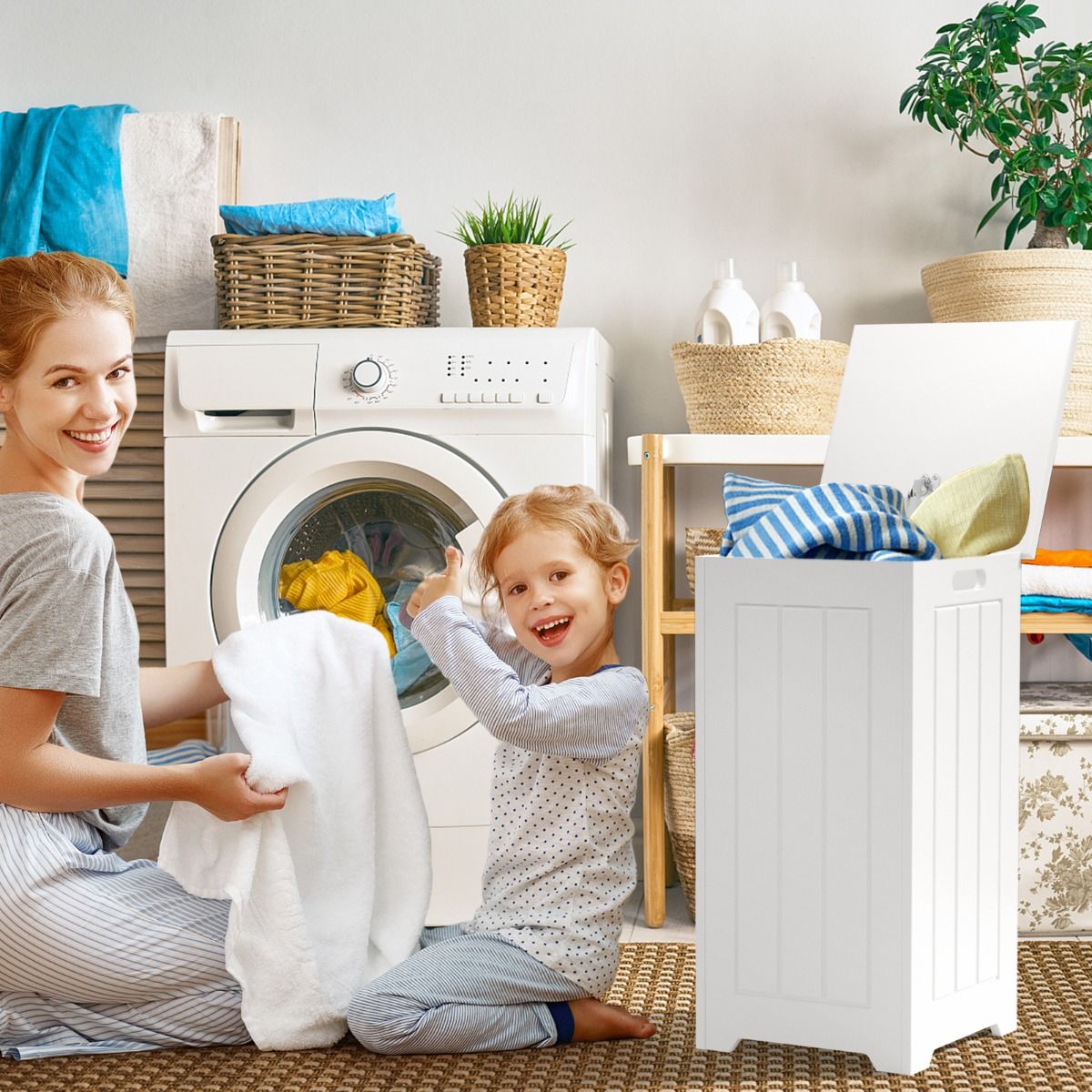 coast 35L Vrijstaande Wasmand - 30×30×61 cm - Wit – Met Bovendeksel, Metalen Scharnieren & Handgrepen