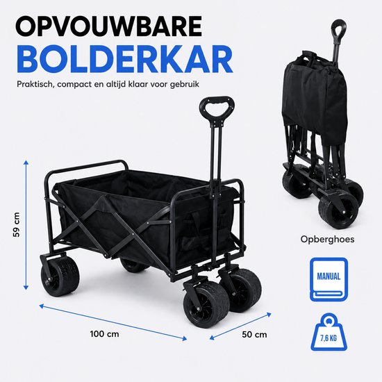 Bolderkar Opvouwbaar - Inklapbare Bolderwagen 150 kg - Handkar Booschappen - Strandkar - Bolderkar Kinderenvervoer - Beachwagon - Bolderwagen Kinderen - Handcart - Tuinkar - Strand & Festival Trolley - Bolderkarren - Transportkar - Zwart - Silvergear