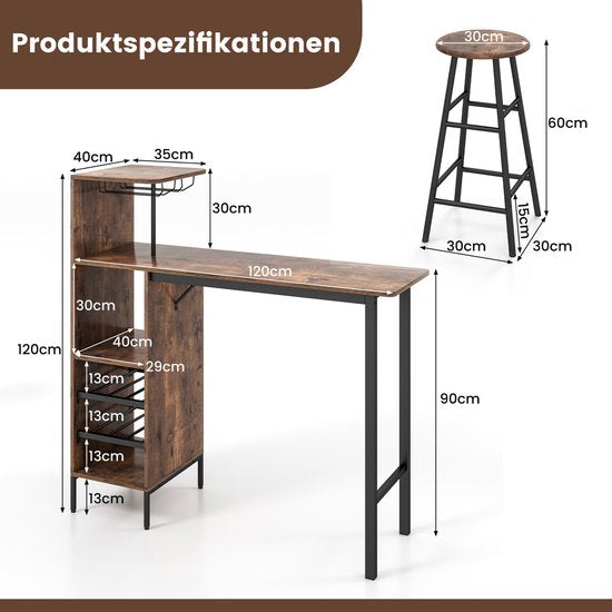 Coast Bartafel met barkruk, set voor 2 personen, met houders voor wijnglazen en flessen, toog voor woonkamer, eetkamer en keuken (koffiekleurig)