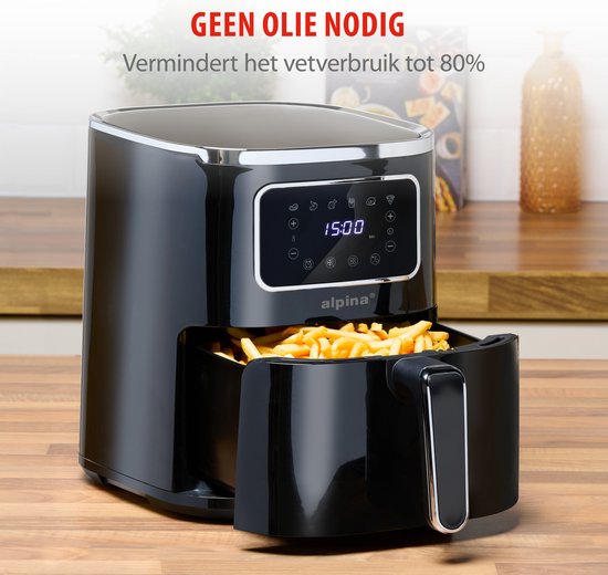 alpina Airfryer 4.5L- Heteluchtfriteuse voor 3 tot 4 Personen - Air Fryer met Digitaal Display - Instelbare Temperatuur van 80°C tot 200°C - Timer tot 60 Minuten - Hetelucht Friteuse 1450W
