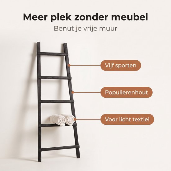 Cheqo® Decoratieladder - Handdoekladder - Houten Decoratieladder - Zwarte Decoratieladder - Ladderrek - Handdoekenrek - Sierladder - Badkamer Ladder - Kledingladder - Decoratieve Ladder voor Binnen - Ladder voor Plaids - Woonladder