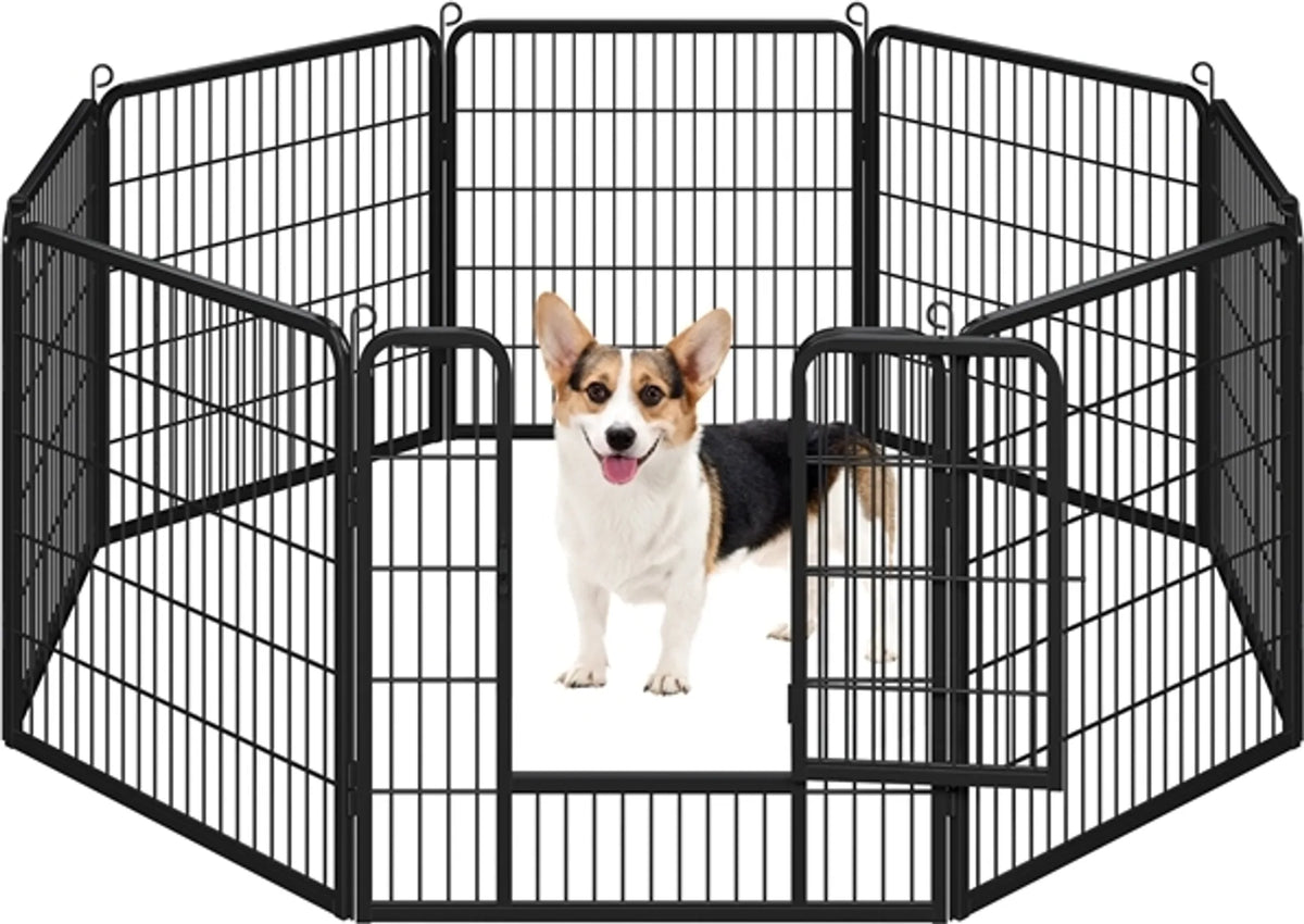 Yaheetech Opvouwbare Hondenren & Puppyren 8-Delig Met Deur En Grondpennen 80 cm Hoog – Zwart – Metaal