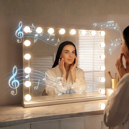 Bayt Hollywood Spiegel - Make up Spiegel - Spiegel - Hollywood Spiegel 80x60 - Dimbaar - 10x Vergroting - Met Verlichting en Bluetooth - USB aansluiting - 80x60 - Wit