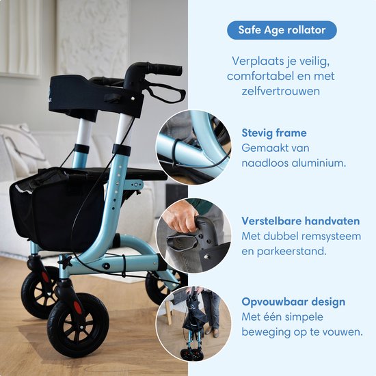 SafeLife® Rollator lichtgewicht en opvouwbaar - zitfunctie - voor binnen en buiten - Rugleuning en wandelstok houder - Blauw