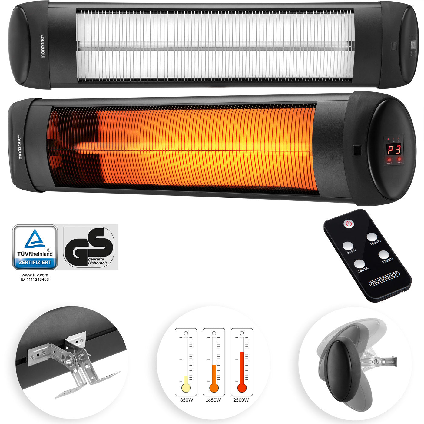 Monzana Infraroodstraler 2500W - Incl. Afstandsbediening – Zwart