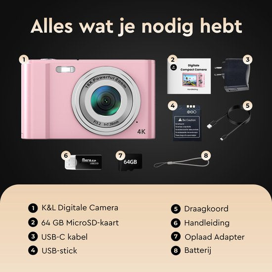 K&L Digitale Camera 4K - 64MP - Fototoestel - Compact Camera - Vlog Camera - Voor Kinderen - Inclusief 64GB - NL Software