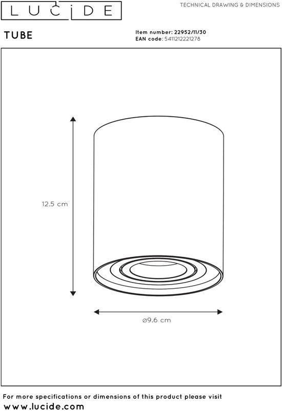 Lucide TUBE - Plafondspot (Plafondlamp) - Ø 9,6 cm - 1xGU10 - Zwart