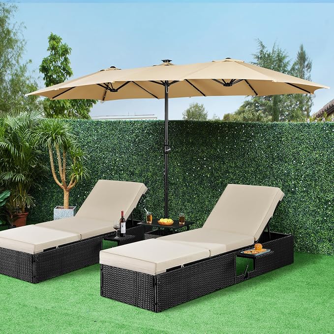 Yaheetech Dubbele Parasol 15FT met Solar LED Verlichting en Voet - Beige - Extra Grote Tuinparasol met Zandzakken
