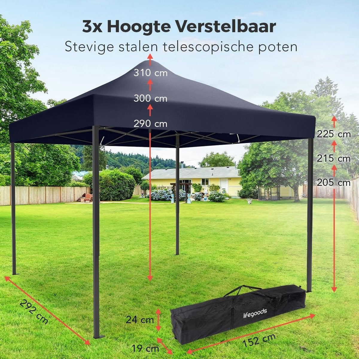 LifeGoods Partytent - Paviljoen - EasyUp - Opvouwbaar - Waterdicht - Met Draagtas met wieltjes - 300 x 300 cm - Donkerblauw