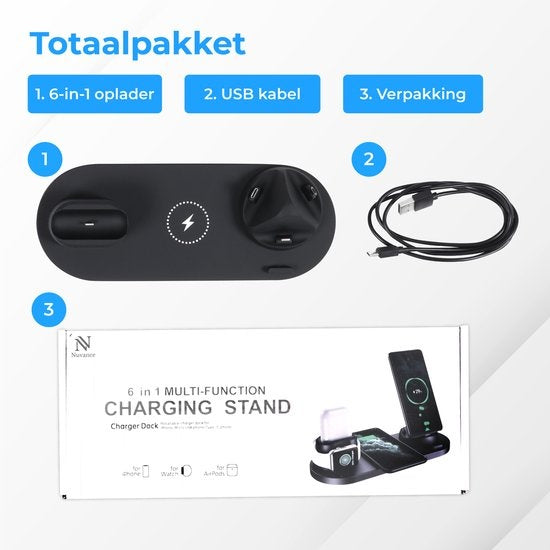 Nuvance - 6 in 1 Draadloze Oplader - Geschikt voor alle Qi Apparaten - Wireless Charger - Draadloze Opladers