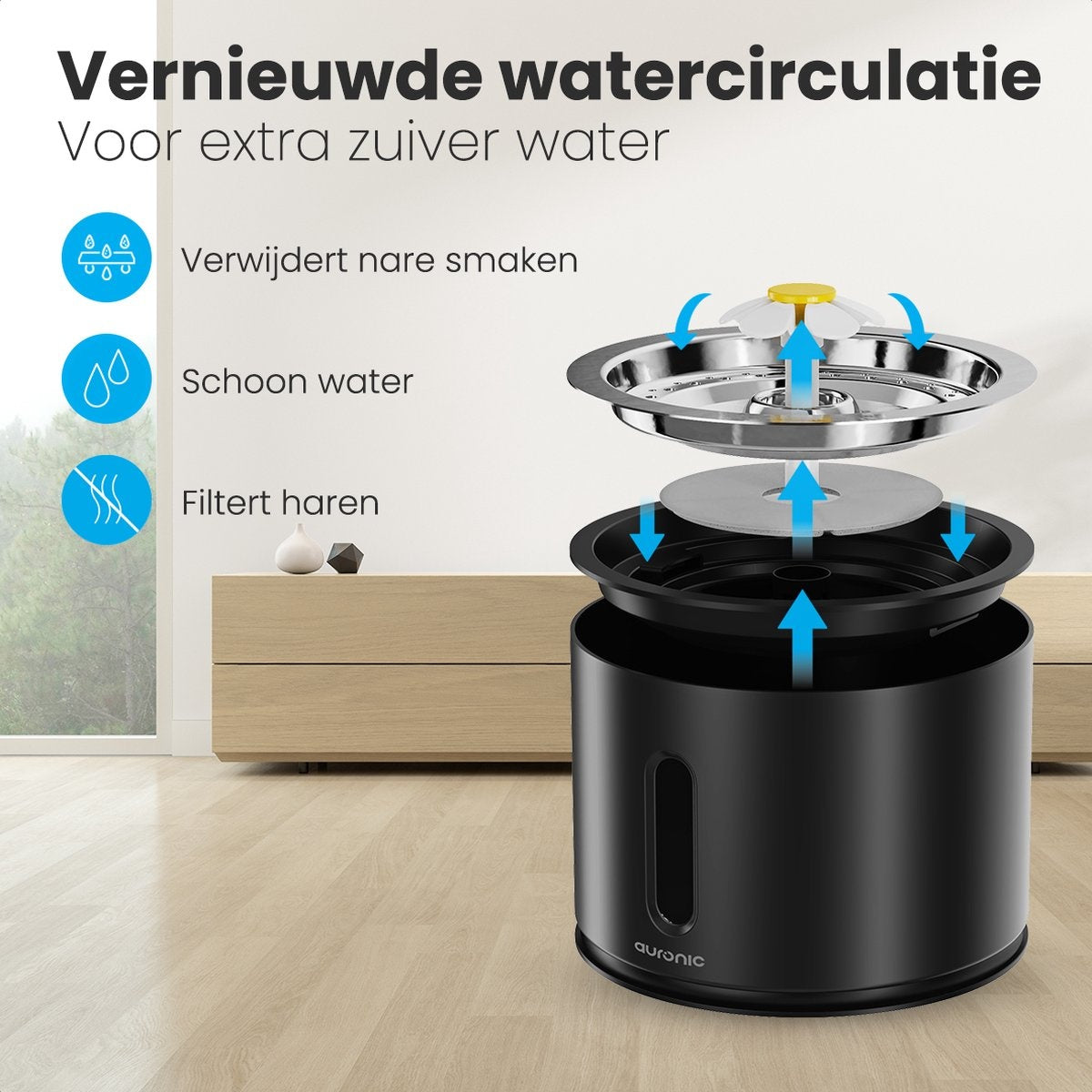 Auronic Drinkfontein voor Katten en Honden - 2,4L - Incl. 4 Filters en 2 Borstels - Zwart