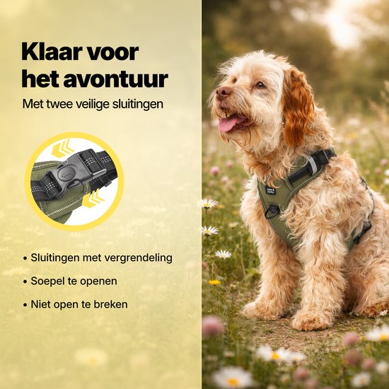 Jake en Jacky Hondentuigje - Anti-Trek Tuig - Hondenharnas - Y Tuig Hond - Reflecterend - Groen- Maat S