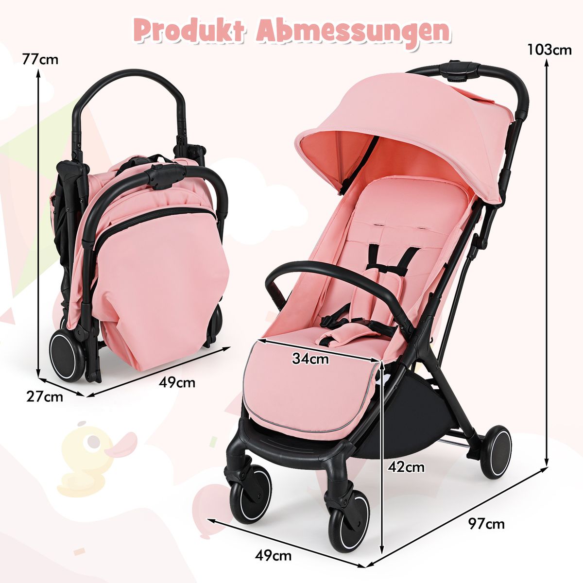 Coast Kinderwagen - inklapbaar reisbuggy - verstelbare rugleuning en voetsteun - roze