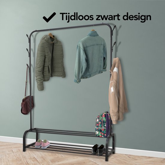 Brixy Kledingrek - Garderoberek - 102x34x152cm - Kledingrek Met Schoenenrek - Industrieel - Metaal - Zwart