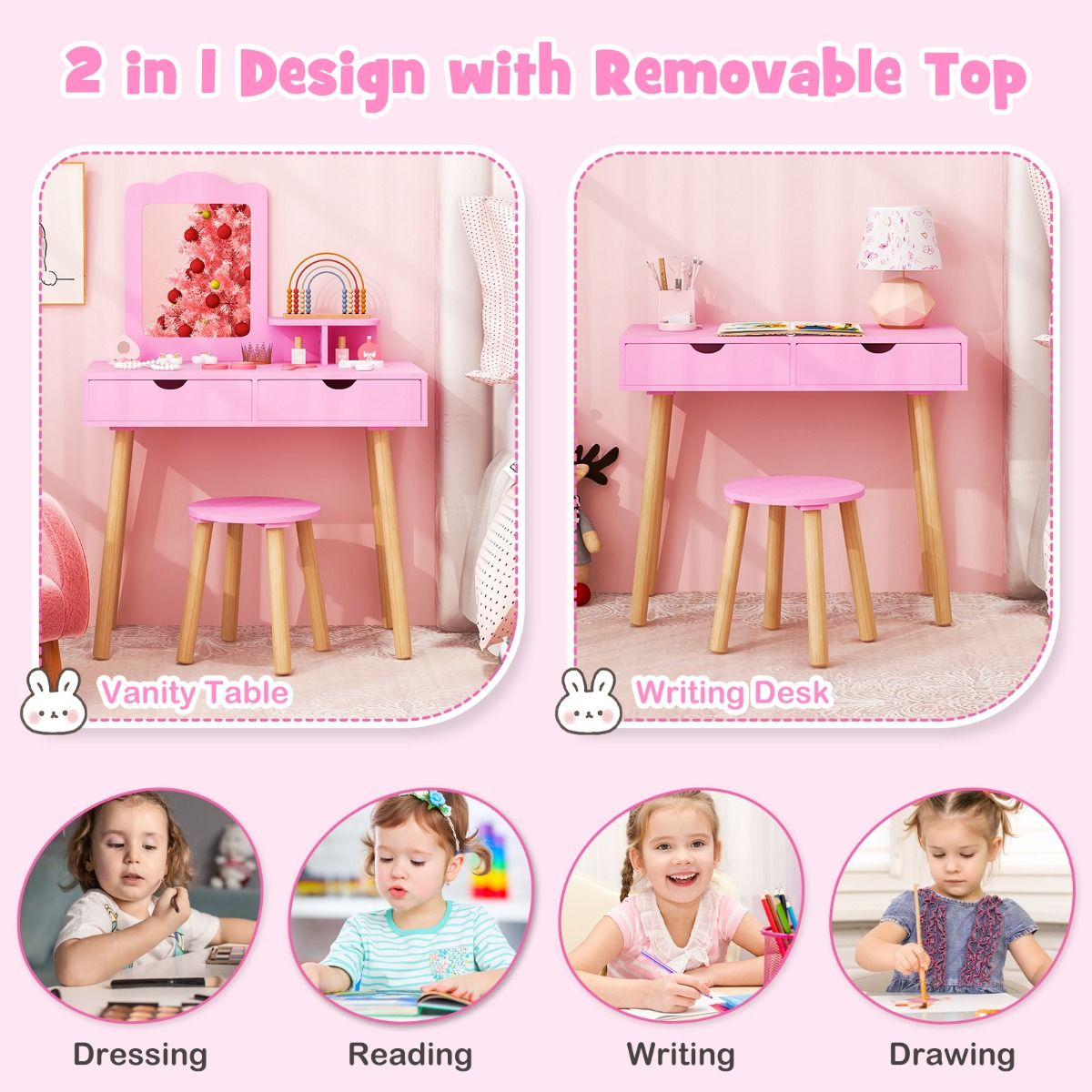 Coast Kaptafel voor kinderen - 2-in-1 met afneembare spiegel - twee lades en houten krukje - roze
