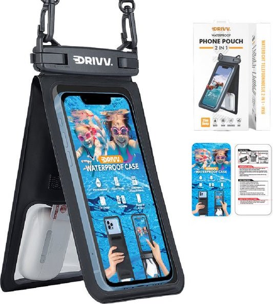 Drivv. Waterdicht Telefoonhoesje 2 in 1 met Koord - Universeel tot 6.7 inch – Onderwater hoesje telefoon - Zwart