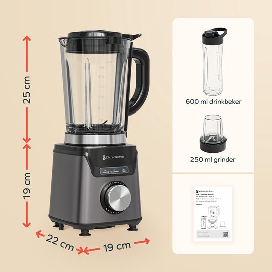KitchenBrothers Blender Met Drinkfles - 1200W - BPA-vrij - 1.5L - Smoothie Maker - IJscrusher - Grijs