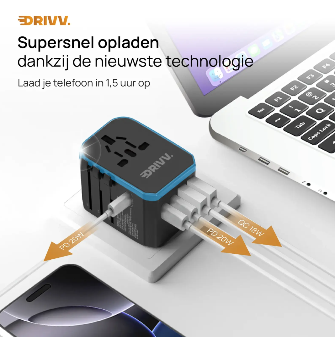 Drivv Universele Wereldstekker USB C - 6 Poorten - 2300W - Geschikt voor 150+ Landen
