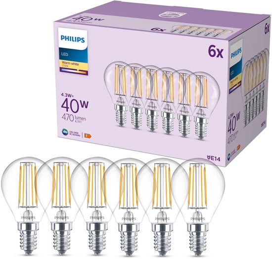 Philips LED lamp transparant - 40W - E14 fitting - Warmwit licht; 2700K - 6-pack