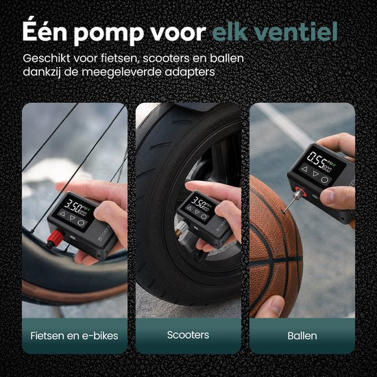 Tikkens® AirGo Elektrische Fietspomp XS - Mini Luchtcompressor - 118 gram - Draagbaar - Digitaal Display - Koersfiets - Racefiets - Gravelbike - Sportfiets - Stadsfiets - Mountainbike - Scooter - Fatbike - USB-C Oplaadbaar - Presta/Schräder/Dunlop