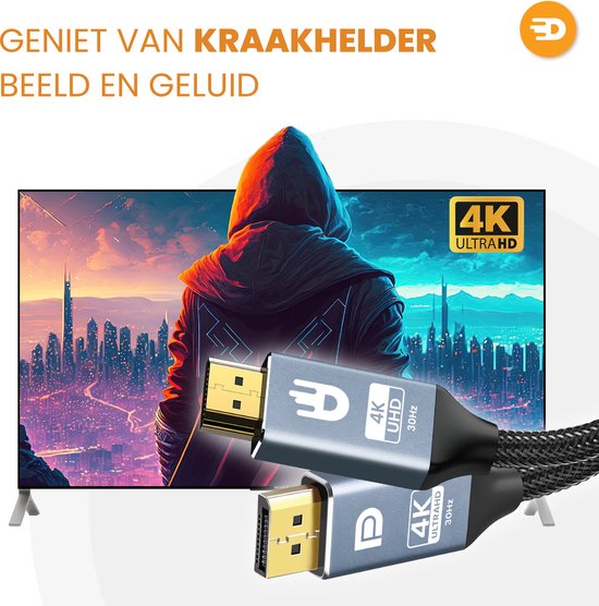 Drivv. Premium Displayport naar HDMI Kabel - 4K 30hz - Nylon - 3 meter - Grijs