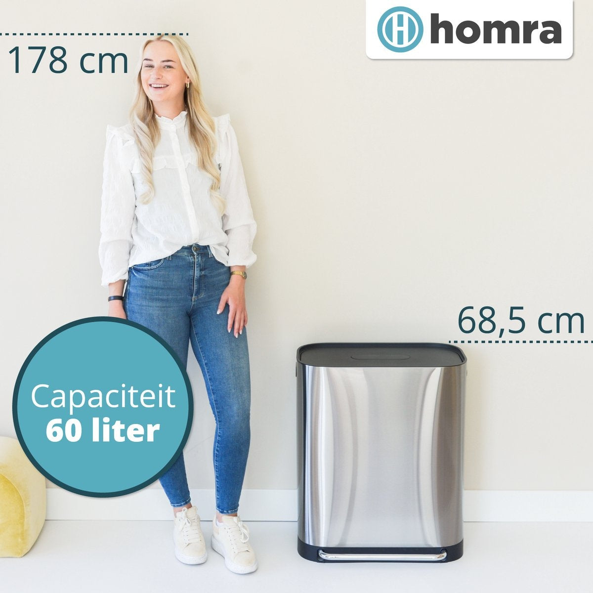 Homra Afvalscheidingsprullenbak – Duo Pedaalemmer met Geurfilter – 60L (2x30L) – RVS - Grijs - 37x58x68,5 cm