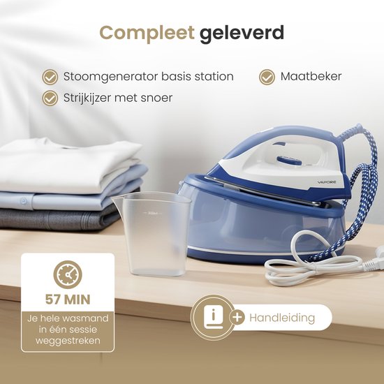 Vapore Stoomstrijkijzer met Stoomgenerator - 8 Sec Opwarmen - 2400W - 5 Bar - 2.3L Tank - 57 Min Stomen - Strijkijzer met Station - Keramische Zoolplaat