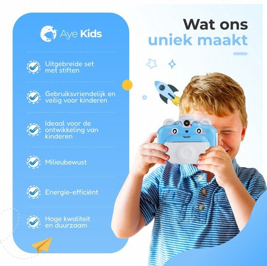 AyeKids Instant Print Kindercamera - Thermische Mini Printer - Fotoprinter - Inclusief 3 rollen & 12 Kleur Stiften - Blauw