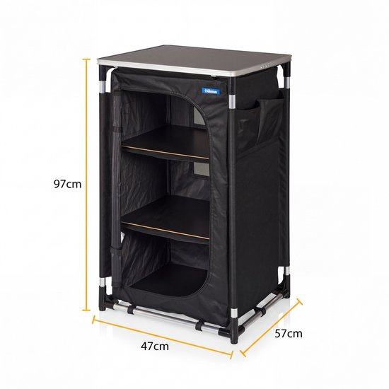 Tristar Campingkast Inklapbaar – Aluminium Frame – 3 Lagen – Verstelbare Poten – Zijvakken – Inclusief Draagtas – Zwart - CU-0809