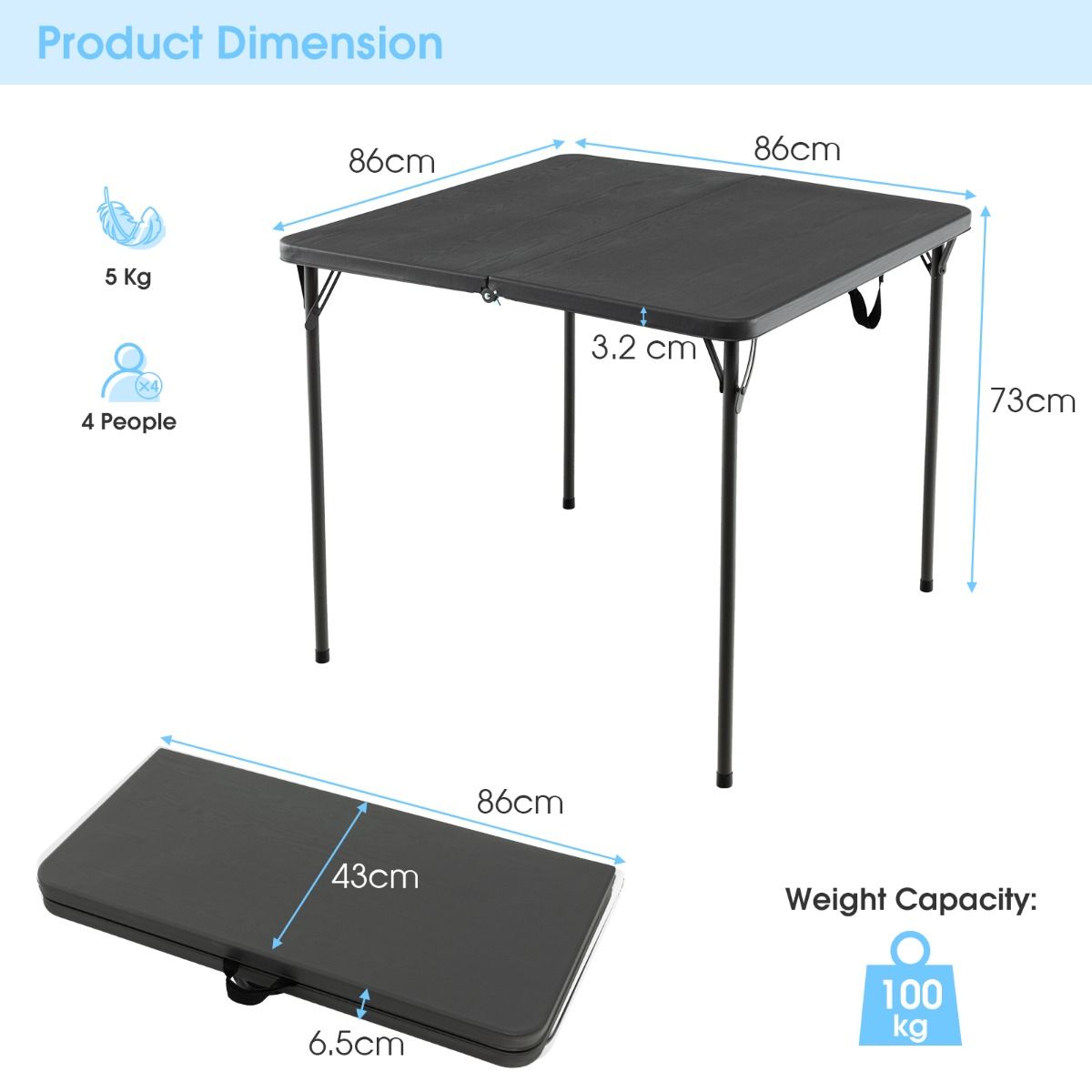 Coast Opvouwbare Campingtafel - Draagbaar met Handvat - Lichtgewicht - Grijs 86 x 86 x 73 cm
