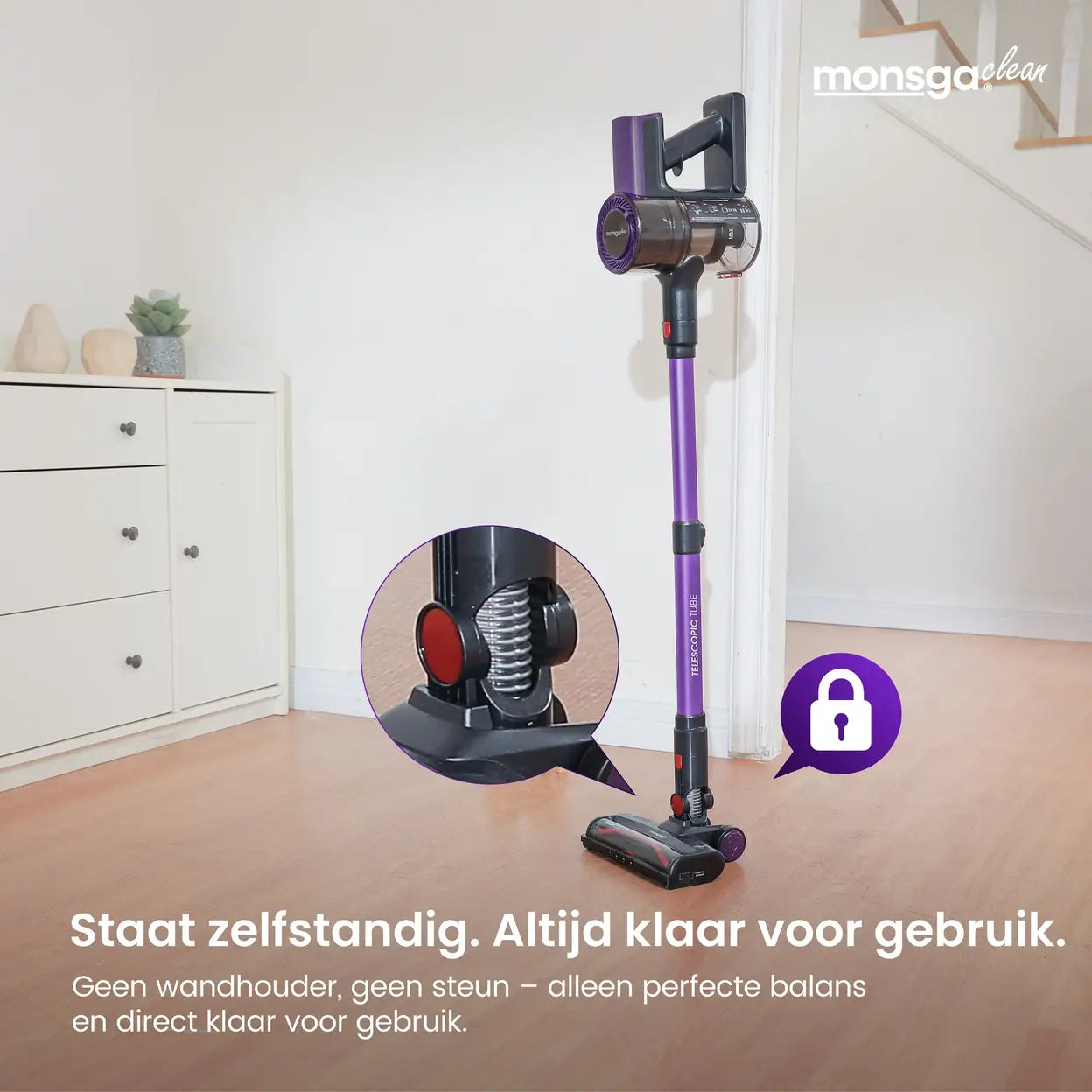 Monsga M100 Draadloze Steelstofzuiger 55.000 Pa - 45 Min Gebruiksduur - 1,8 L Stofreservoir - LED-touchdisplay - Anti-klit Borstel - Groen LED-licht