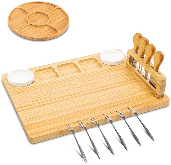 Kicinn Borrelplank - Tapasplank - Kaasplank - Serveerplank - Borrelplank Hout - Incl. Kaasmesjes, Vorkjes, schaaltjes en extra Serveerplank – Bamboe