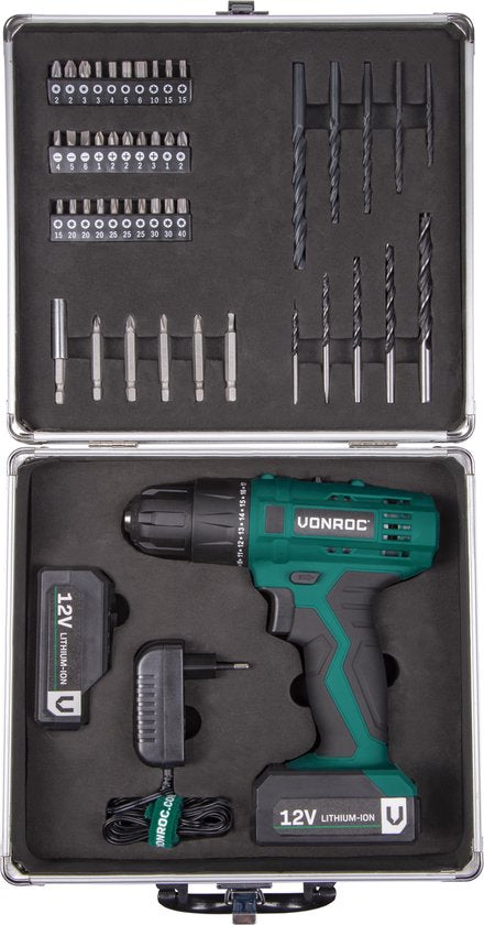 VONROC Accuboormachine – 12V Li-Ion – Incl. aluminium opbergkoffer, 46 accessoires, 2x accu & lader
