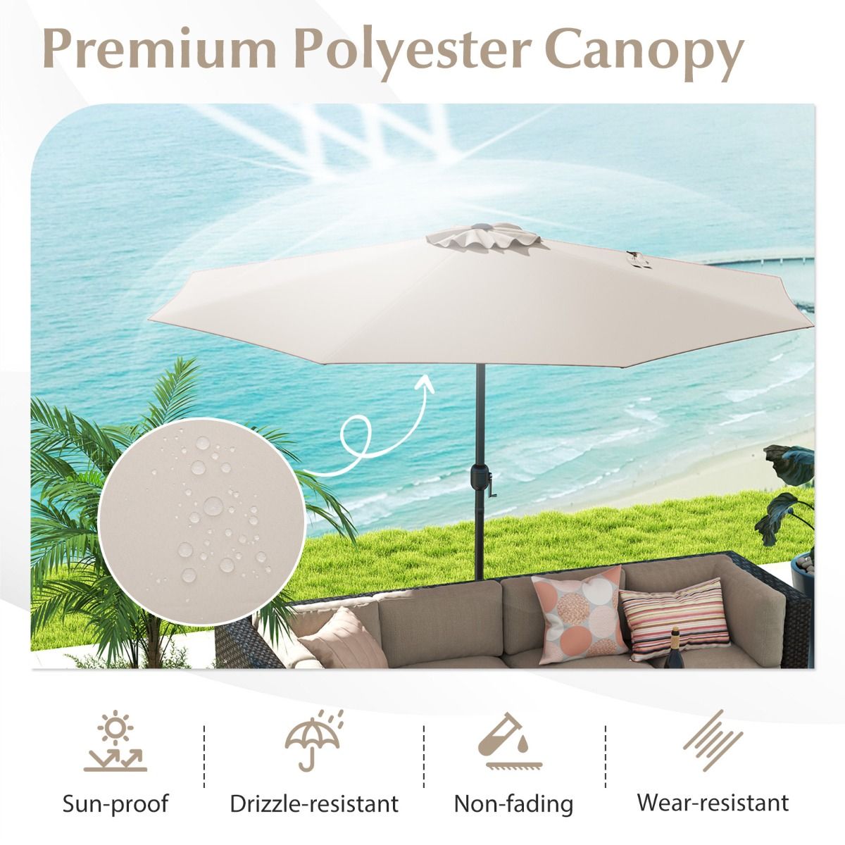 Coast Terrasparasol - grote tafelparasol - 8 stabiele ribben - beige - 360 cm
