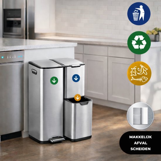 Bayt Prullenbak - Prullenbak 60 Liter - Vuilnisbak 60 Liter - Pedaalemmer 60 Liter - Prullenbak Afvalscheiding - Prullenbak 3 Vakken - Afvalbak - RVS - Zilver