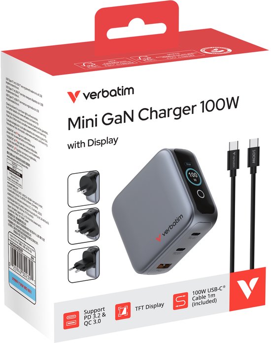 Verbatim Mini Gan-Oplader 100W 2Xusb-C 1Xusb-A Qc Voor Apple Macbook Iphone