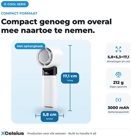 XCelsius® Handventilator - Draagbare Mini Ventilator Opvouwbaar - Oplaadbaar met USB-C - 0% tot 100% traploos instelbaar - Met Instant Koelplaat - Wit