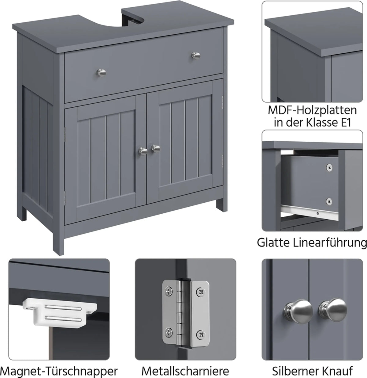 Yaheetech Wastafelonderkast Met Lade En Twee Vakken – Voorzien Van Sifonuitsparing En Waterafstotende Coating En Metalen Beslag – Voor Badkamer In Landelijke Stijl – Donkergrijs Mdf En Metaal – 60 x 30 x 60 cm