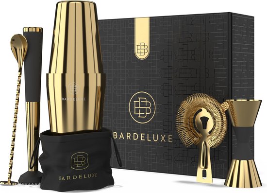 BarDeluxe® Cocktail Shaker Set - 5-Delig Boston Shaker - Cocktail Set met Stamper, Zeef, Barlepel & Receptenboek - Inclusief Luxe Geschenkdoos - Goud