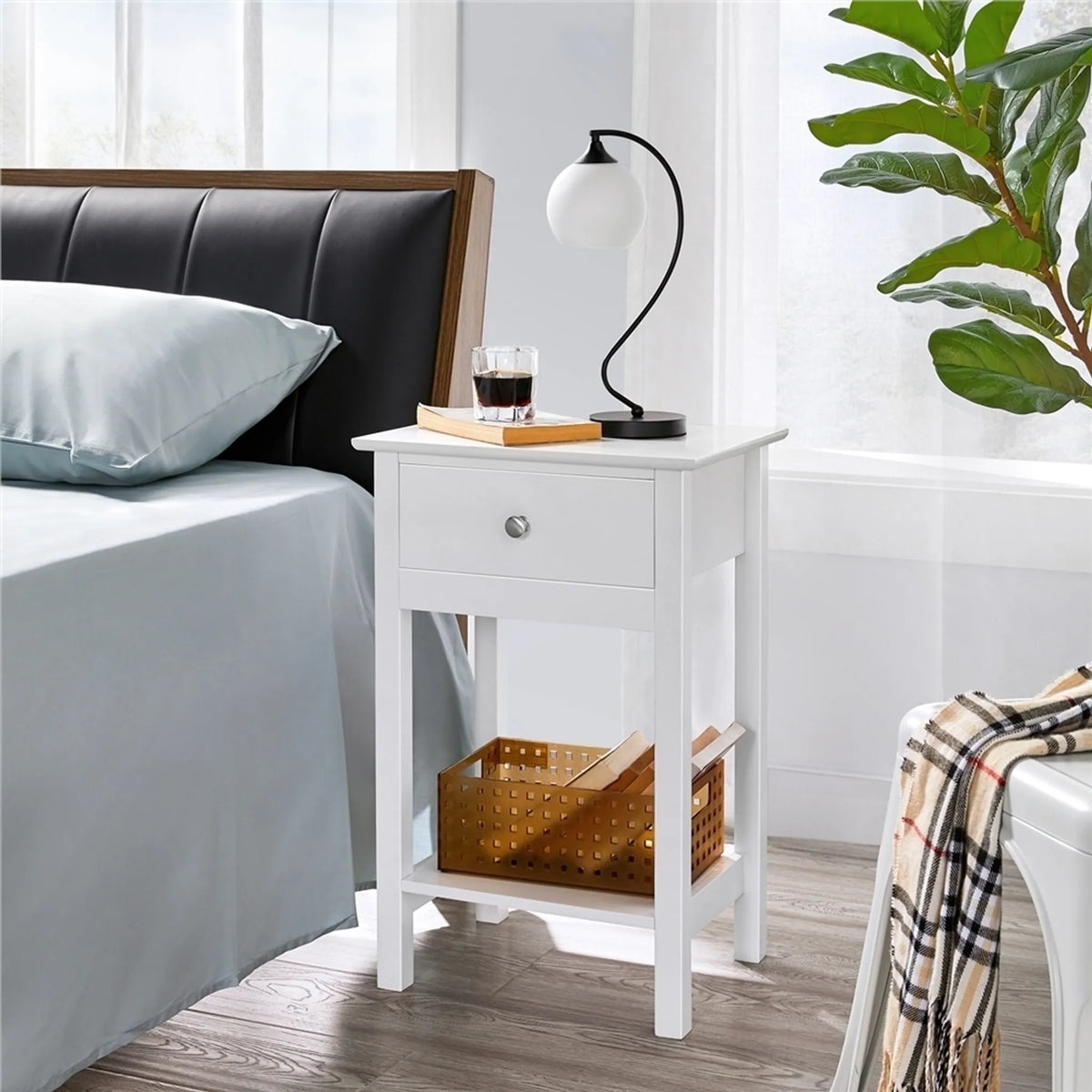 Yaheetech Sfeervol Nachtkastje met Schuiflade en Legplank 40x30x61 cm – Tijdloos Wit – MDF