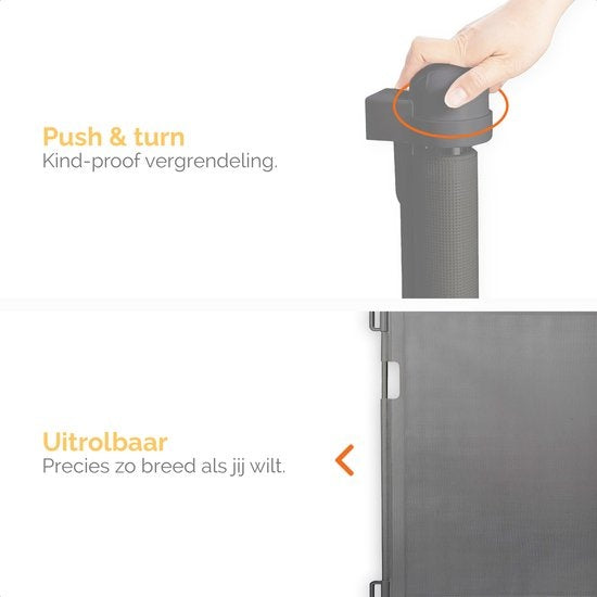 Goliving Oprolbaar Traphekje - Veiligheidshekje - Kinderhekje - Push & Turn - 10 tot 150 cm Breed - Aluminium frame - Mesh - Grijs