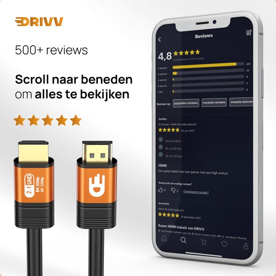Drivv. Premium HDMI Kabel 2.1 - Ultra HD - 8K 60Hz - 4K 120Hz - Geschikt voor Xbox Series X & PS5 - 1 meter - Oranje