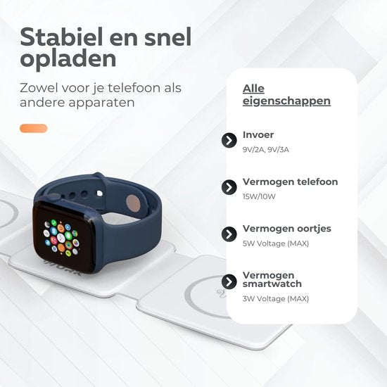 Wurk 3-in-1 Draadloze Oplader Magsafe - Oplaadstation - Inclusief Snellader Adapter - Geschikt voor iPhone & Android - 15W
