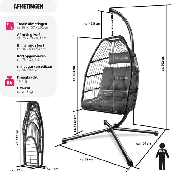 tectake® - Luxe hangstoel - opvouwbare en draaibare egg chair met standaard - dikke kussens - antislipvoeten - inclusief beschermhoes. Ideaal voor tuin, terras, slaapkamer - donkergrijs