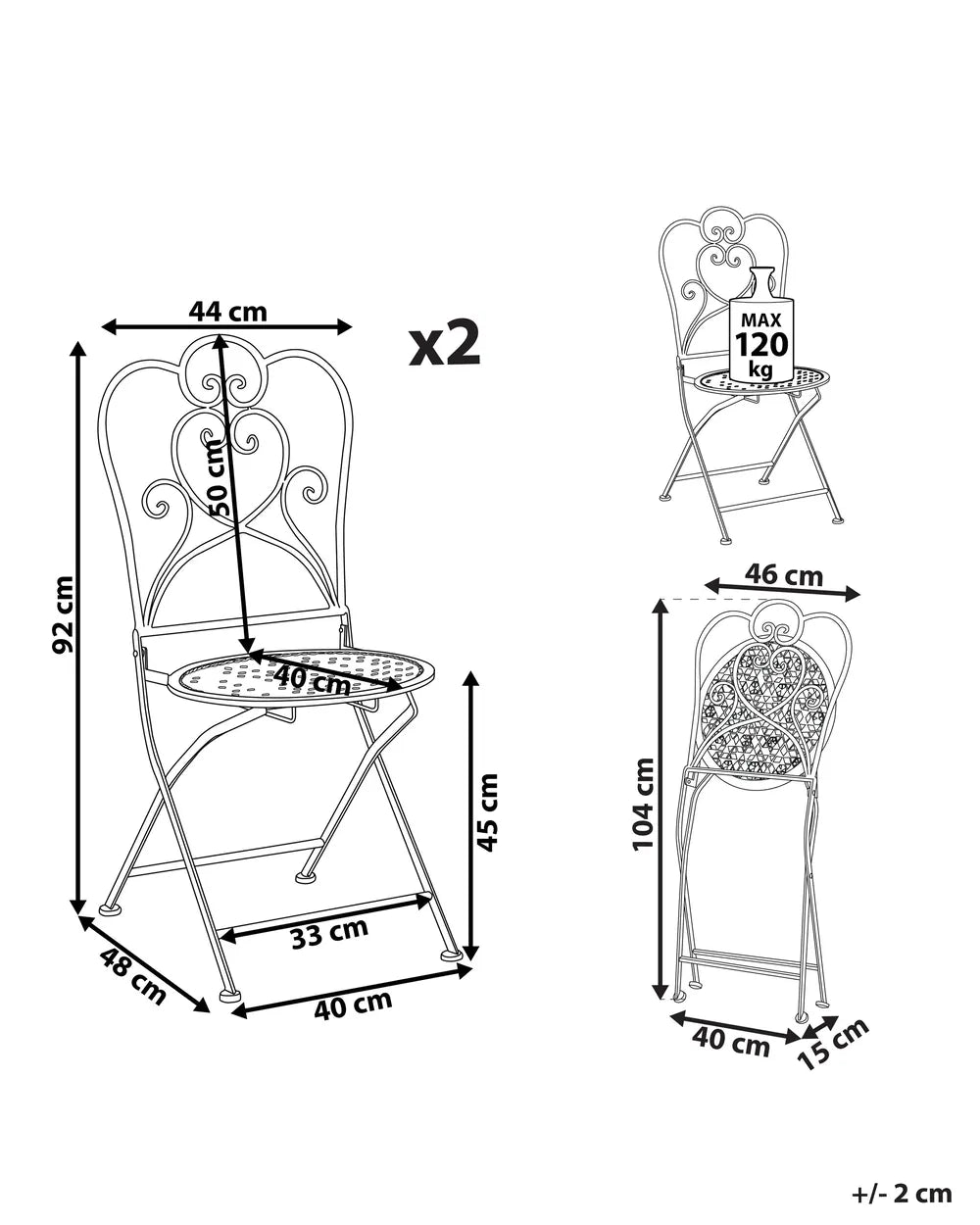 Set van 2 Opvouwbare Tuinstoelen - Metaal - Lichtbeige - 44 x 48 x 92 cm