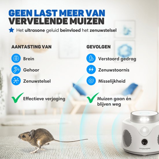 Vulpes Goods® Verjager - Ultrasonische Muizenverjager - Ongedierte Verjager Voor Binnen - Diervriendelijk Muizen en Insecten Bestrijding - Diervriendelijke Muizenval - 360 Graden Bescherming - Pest Repeller - MAX versie - Wit