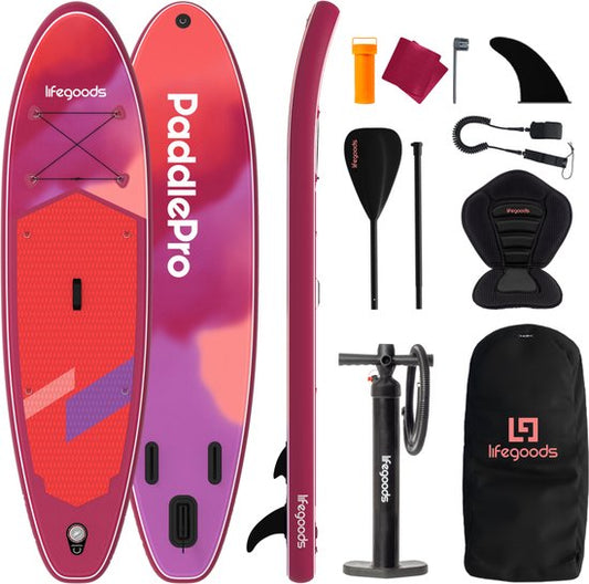 LifeGoods SUP Board Allround Compact - met Zitje - 100 KG Draagkracht - 300 x 76 cm - Opblaasbaar - Compleet SUP pakket - Rood/Lila