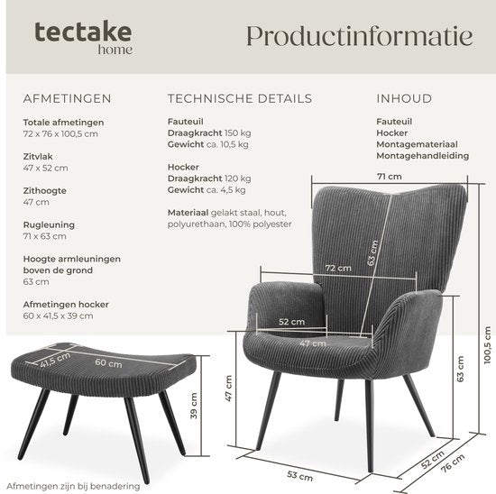 tectake® Oorfauteuil met Hocker – Scandinavische Teddy Bouclé Fauteuil – Lounge- en Woonkamerstoel – Zwart Metalen Poten – Draagvermogen 150kg – Corduroy - Grijs